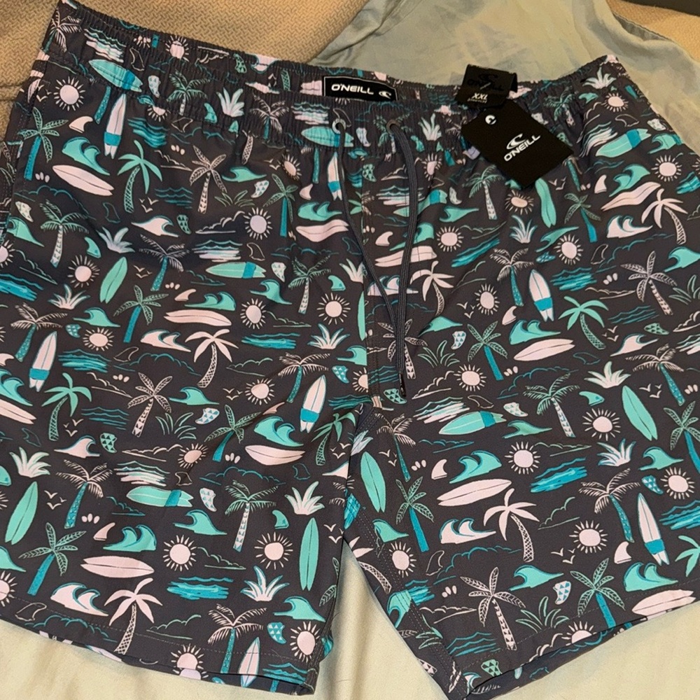 NWT O'Neill Men's Gray Swim Shorts with Tropical Print